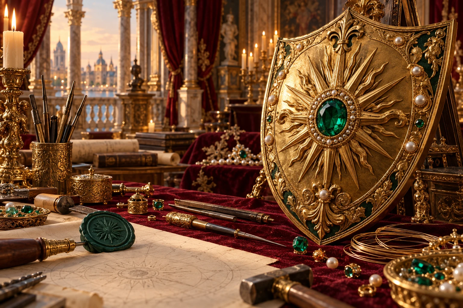 A sunburst gold shield and emerald on a palace goldsmith’s workbench