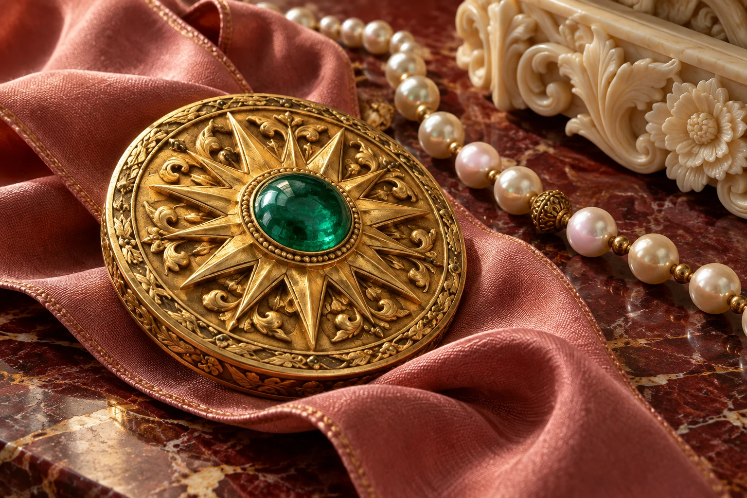 A sculpted gold sun medallion on old-rose silk with an emerald centre