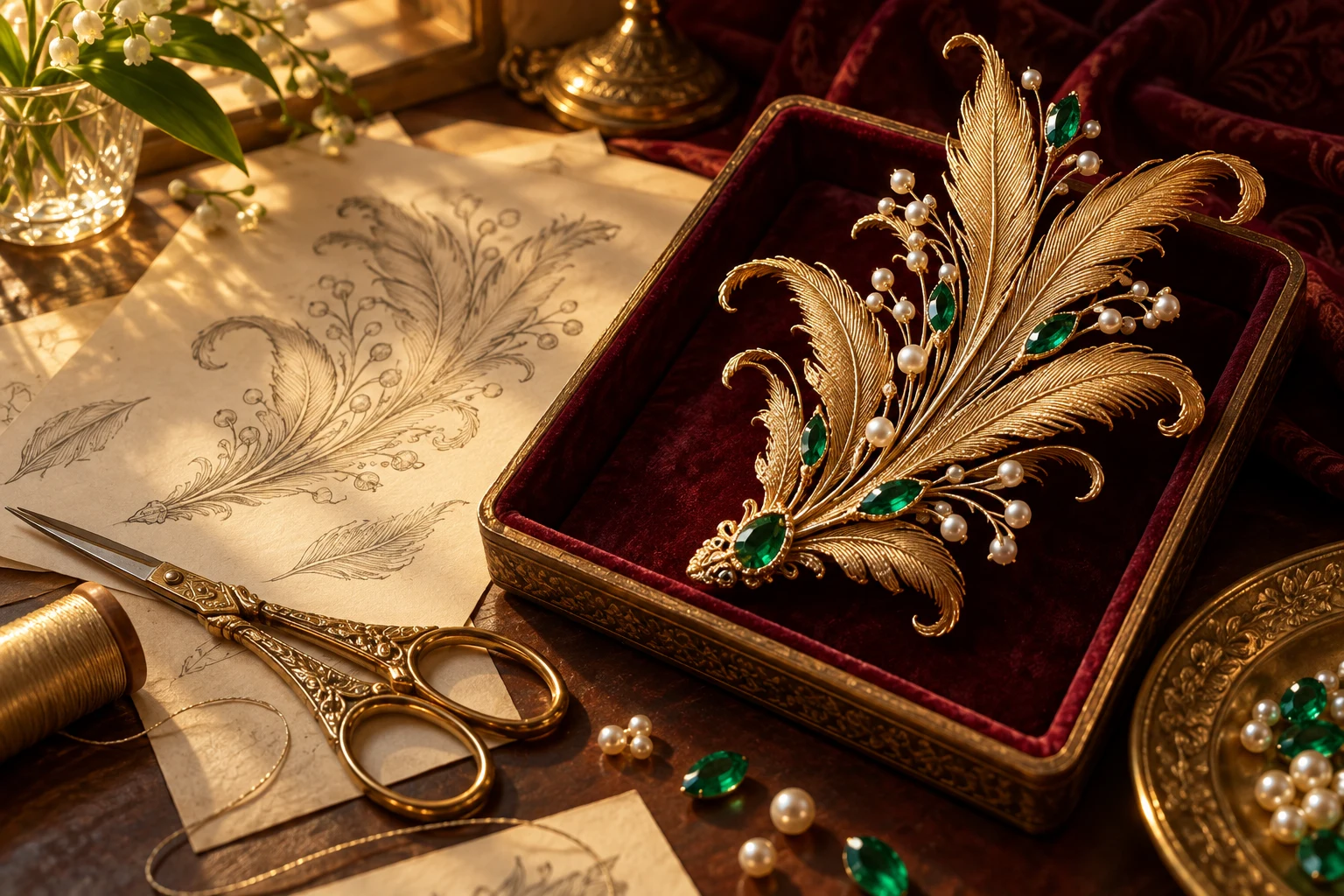 Gold feathers tipped with emeralds and pearls on a velvet tray