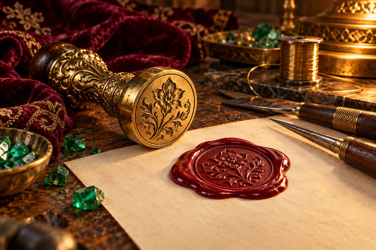 A floral gold signet stamp beside its impression in red wax