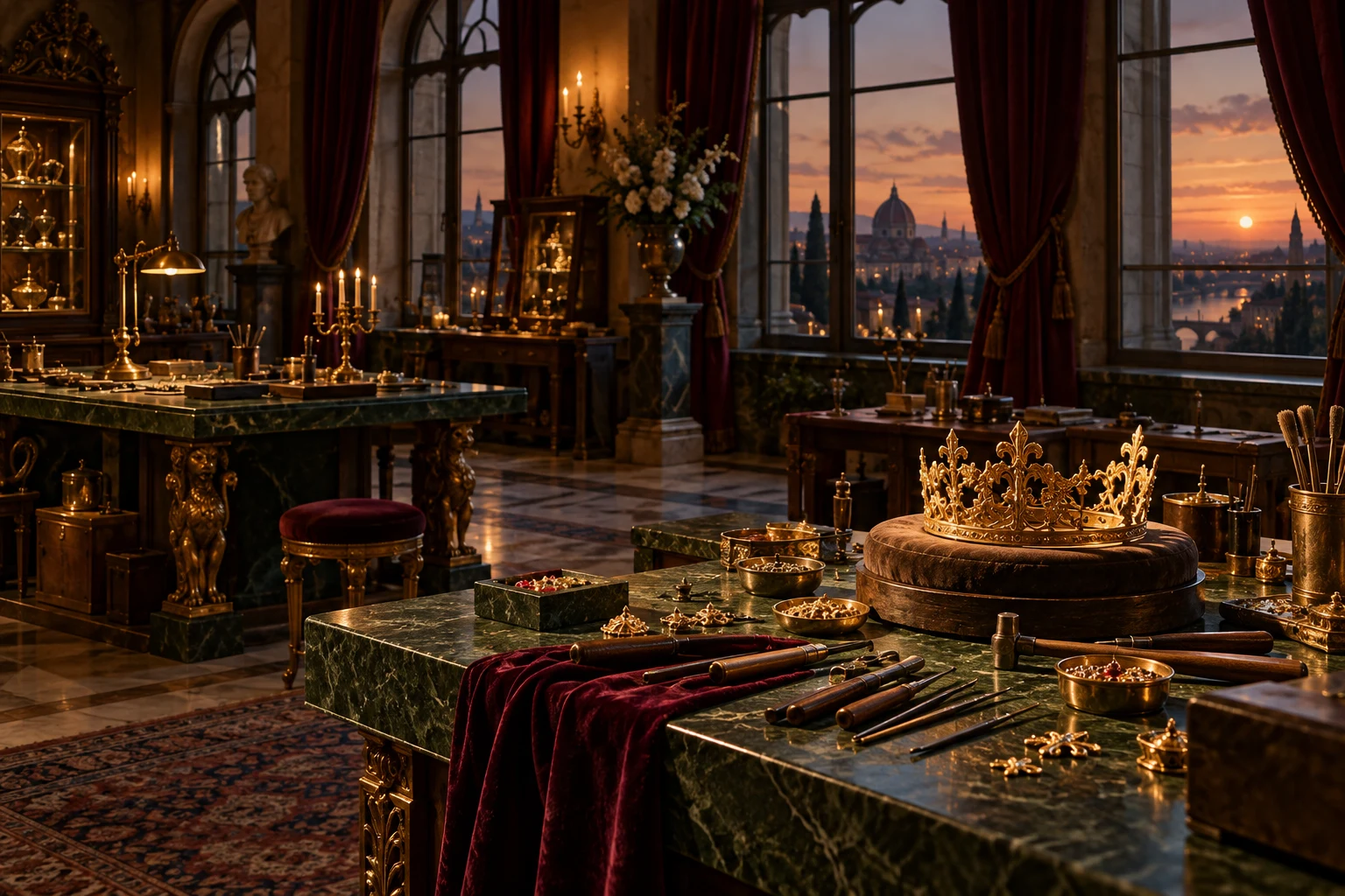 An unoccupied palace atelier with a goldwork desk and tall evening windows